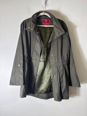 Ciao Milano Dark Gray Green Long Sleeve Hooded Rain Jacket Sz M